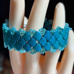 Hand Crafted Turquoise Ginkgo Bangle Bracelet and island green crystals 7 inches